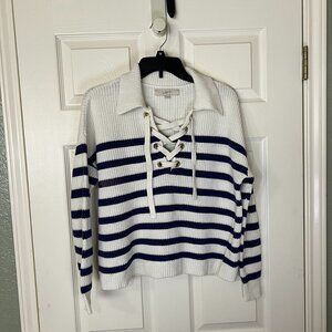 Ann Taylor Loft White with Blue Stripes Lace Up Polo Sweater Knit Top, size S